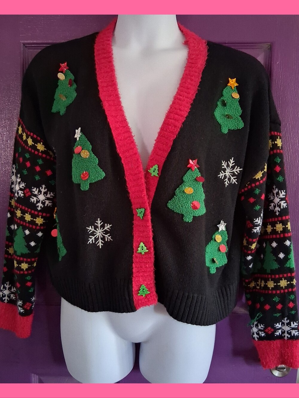 NWOT Festive Black & Green Christmas Tree Cardigan Sweater - Holiday Knit